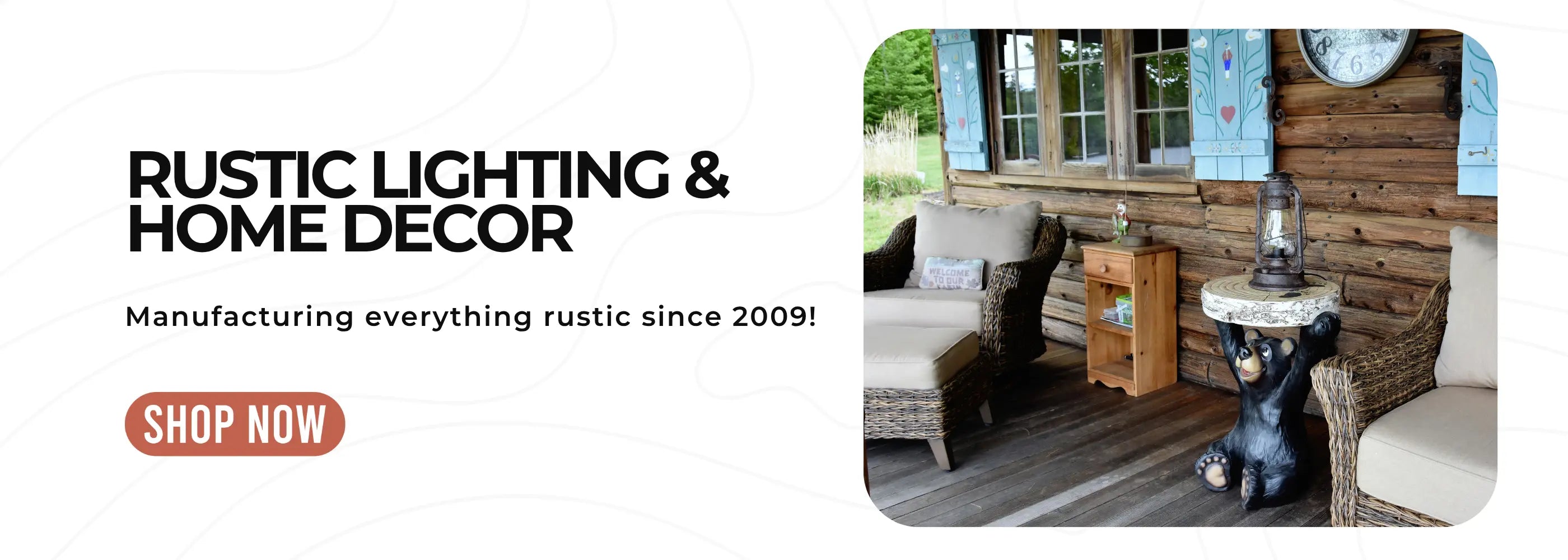 Advertisement for rustic lighting and home decor with a cabin scene and 'Shop Now' button.